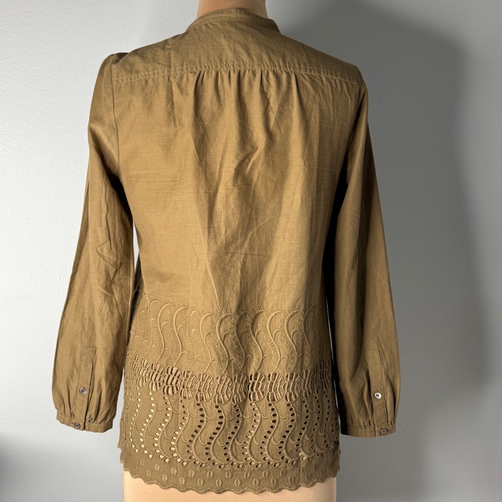 J.Crew Olive Green 100% Cotton Button-Up Women's Top Embroidery Lace Embroidered - Picture 4 of 11